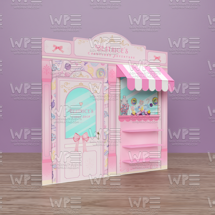 Candy Store Backdrop Party Birthday shelf 3d awning featuring a colorful candy display and whimsical design