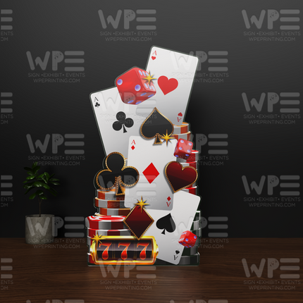 Hotel casino theme party backdrop featuring playing cards and dice for event decoration