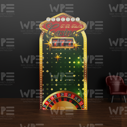 Hotel casino theme party backdrop with vibrant colors and casino graphics for events
