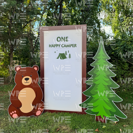 Happy Camper Birthday Party Theme backdrop with bear, tree, and camp details for celebrations