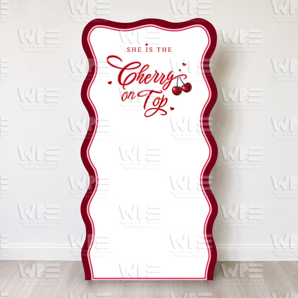 The cherry on top backdrop party theme with a wavy design and cherry graphics for celebrations