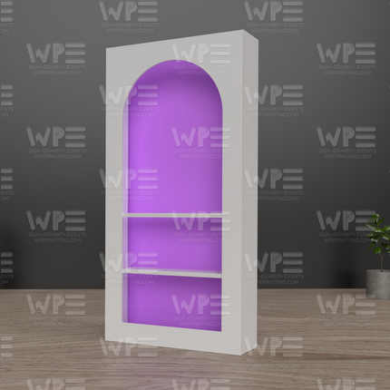 Arch Favor Wall prop for events featuring a sleek design and vibrant backlighting