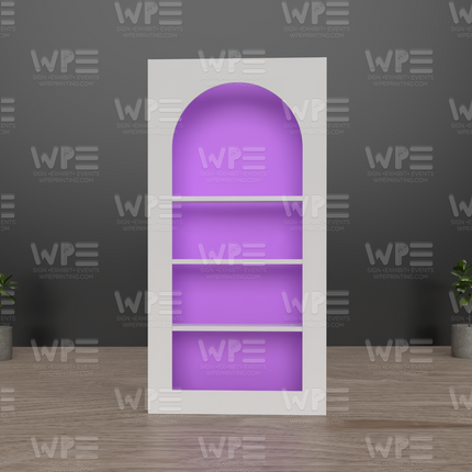 Stylish Arch Favor Wall prop for events featuring a sleek design and vibrant purple lighting
