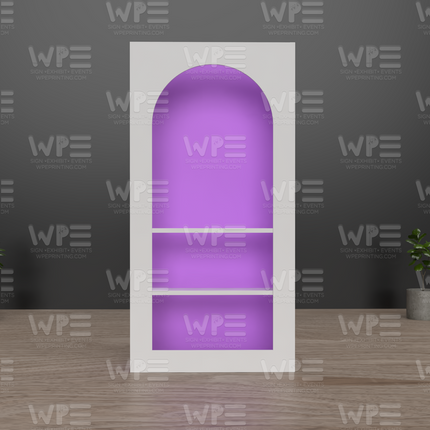 Arch Favor Wall prop for events featuring a stylish purple backlight and open shelves